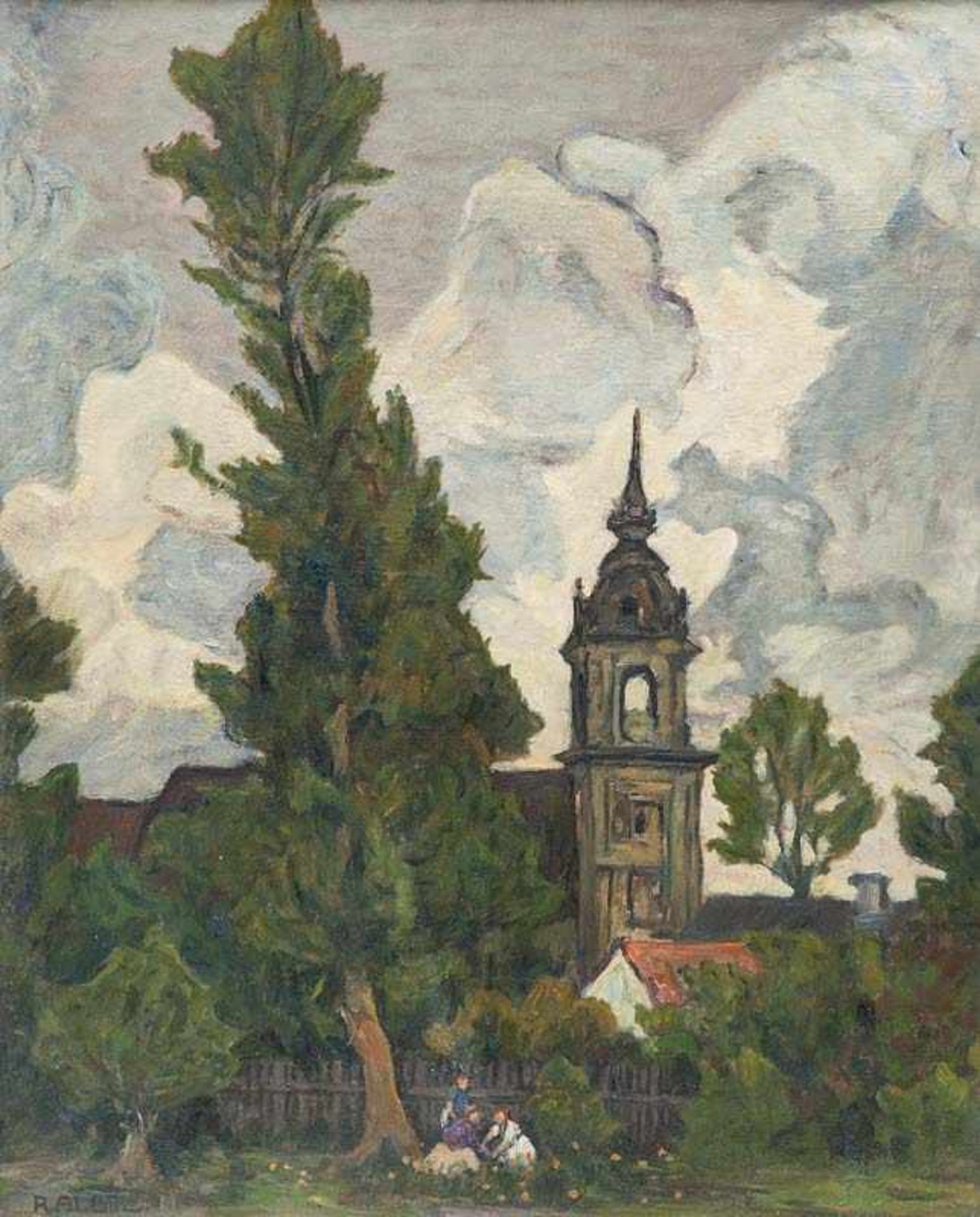Albitz, Richard. (1876 - 1954 Berlin). Stürmische Landschaft mit Blick auf eine Kirche. Öl auf