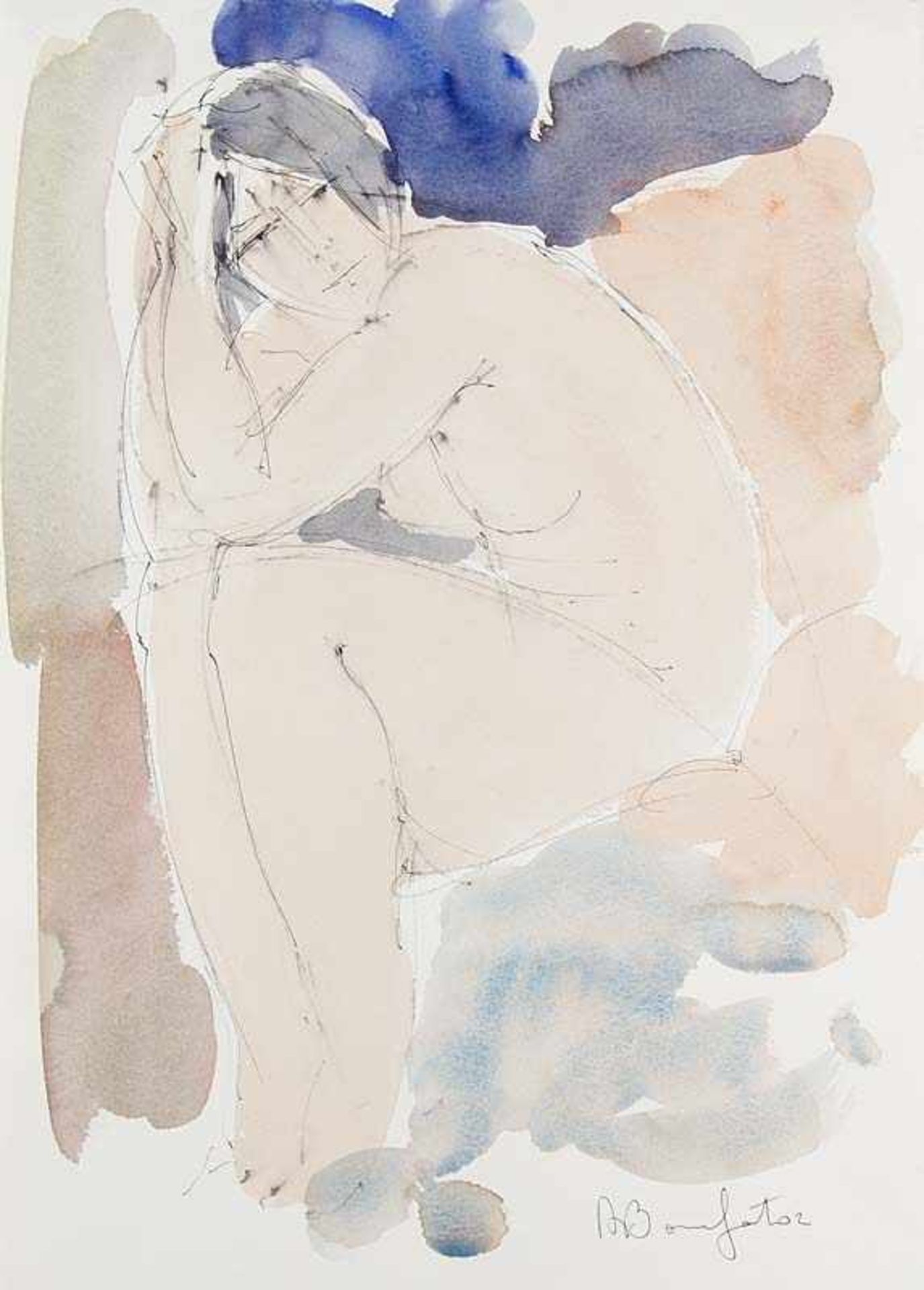 Bonnefoit, Alain. (1937 Paris). Sitzender weiblicher Akt. 2002. Aquarell und Feder auf festem