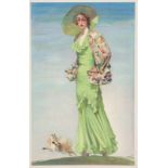 Plakate - KaDeWe - - o.T. (Dame im grünen Kleid mit kleinem Hund). Ca. 1925. Offsetdruck und