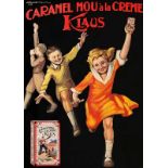 Plakate - - Bonfatti, Giovanni. Caramel mou à la crème Klaus. Etwa 1935. Farblithographie. Ca. 94