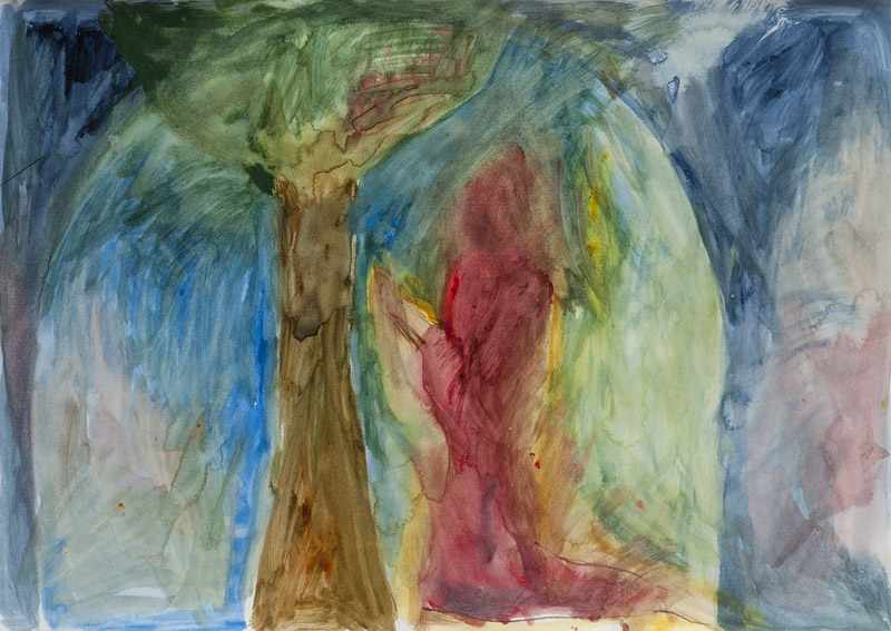 Körner, Maja. (1976). o.T. (Betende Figur vor einem Baum). Tempera auf Papier. 42 x 59 cm. Verso