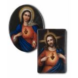 Porzellan - Bildplatten - - Paar von Herz-Jesu-Andachtsbildern mit Jesus und Maria. Erste Hälfte 20.