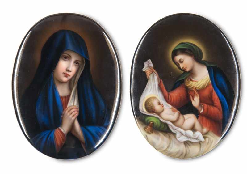 Porzellan - Bildplatten - - Paar religiöser Andachtsbilder mit Maria im Gebet und Maria mit