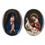 Porzellan - Bildplatten - - Paar religiöser Andachtsbilder mit Maria im Gebet und Maria mit