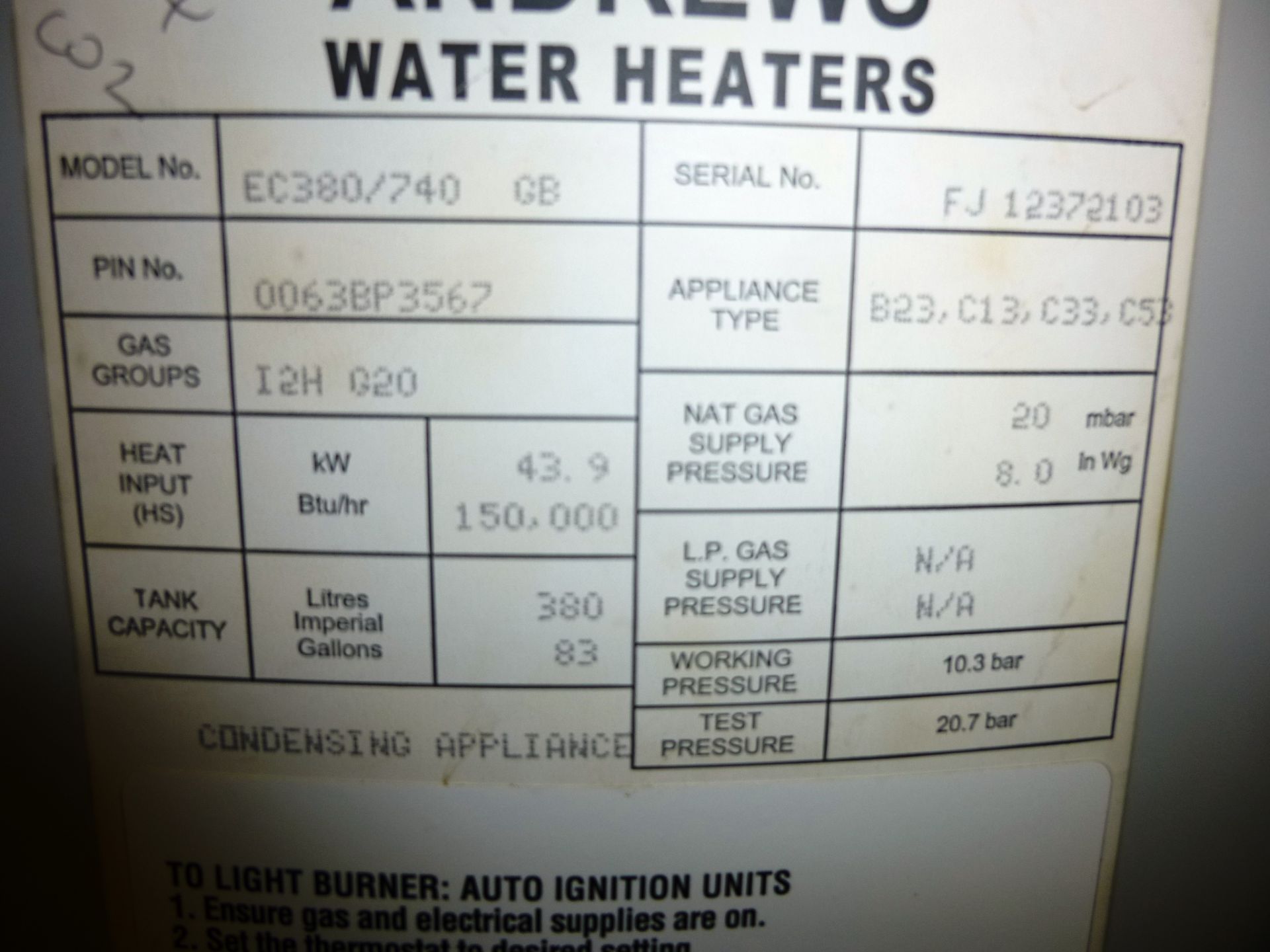 Andrews EcoFlo EC380/740 Gas Water Heater - Image 2 of 3