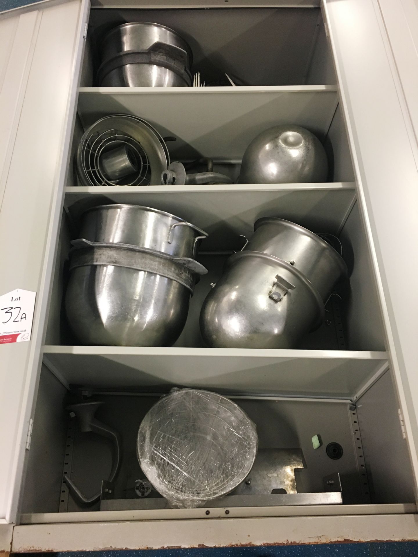 Metal Cabinet Containing Various Mixer Parts & Bowls