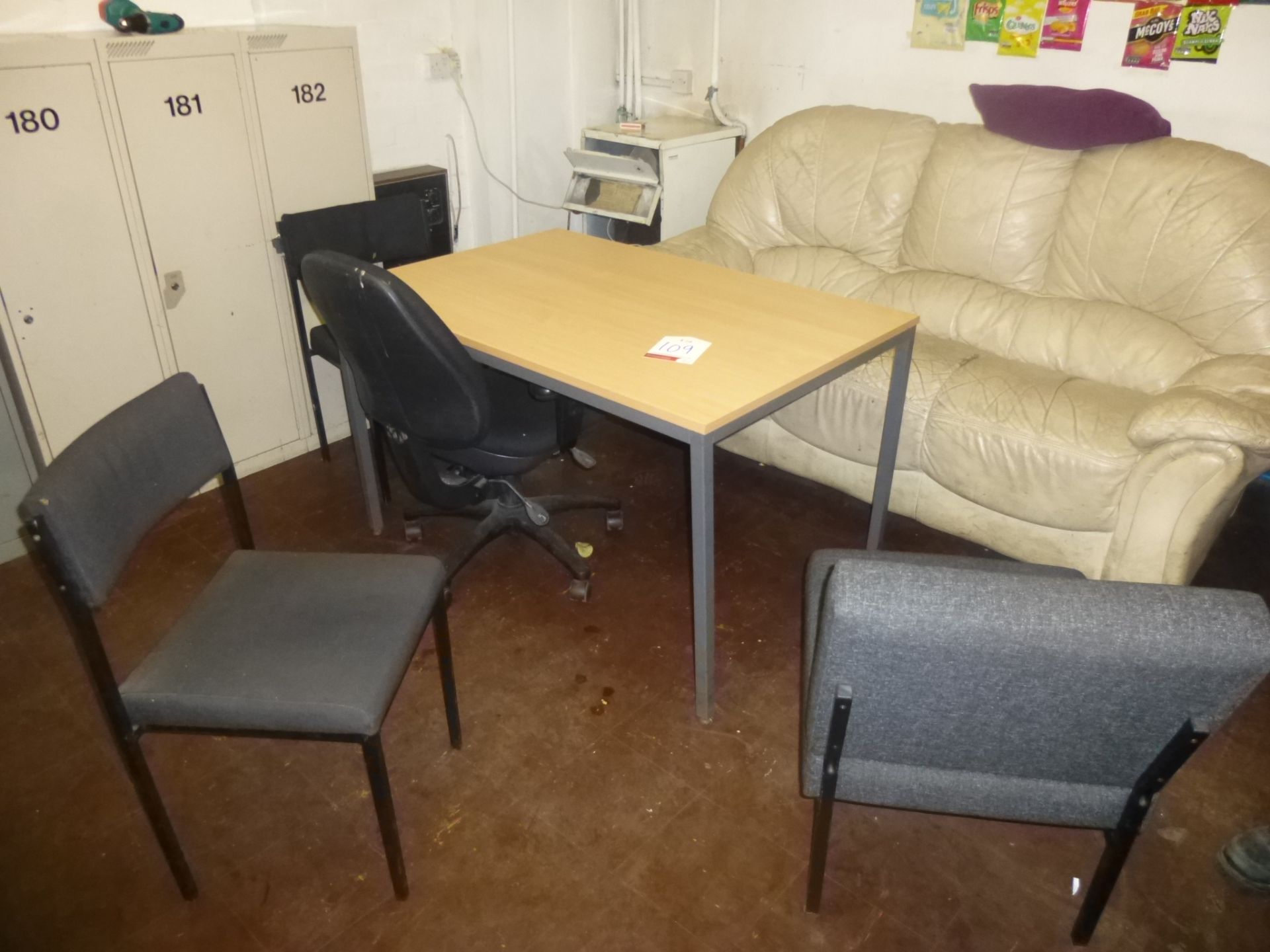 Contents of staff room comprising: table, 6 x chairs, sofa, fridge freezer, Hinari 4 slot toaster