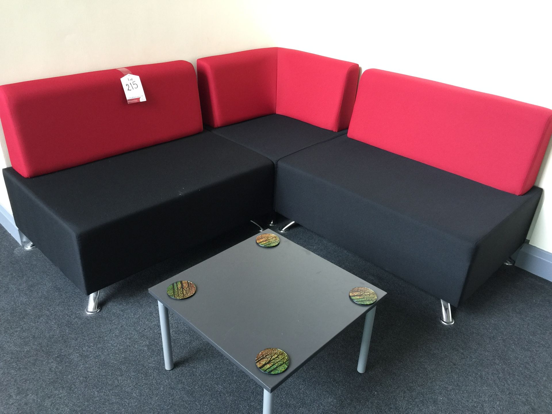 L-shaped reception corner settee and coffee table, various chairs and table and locker