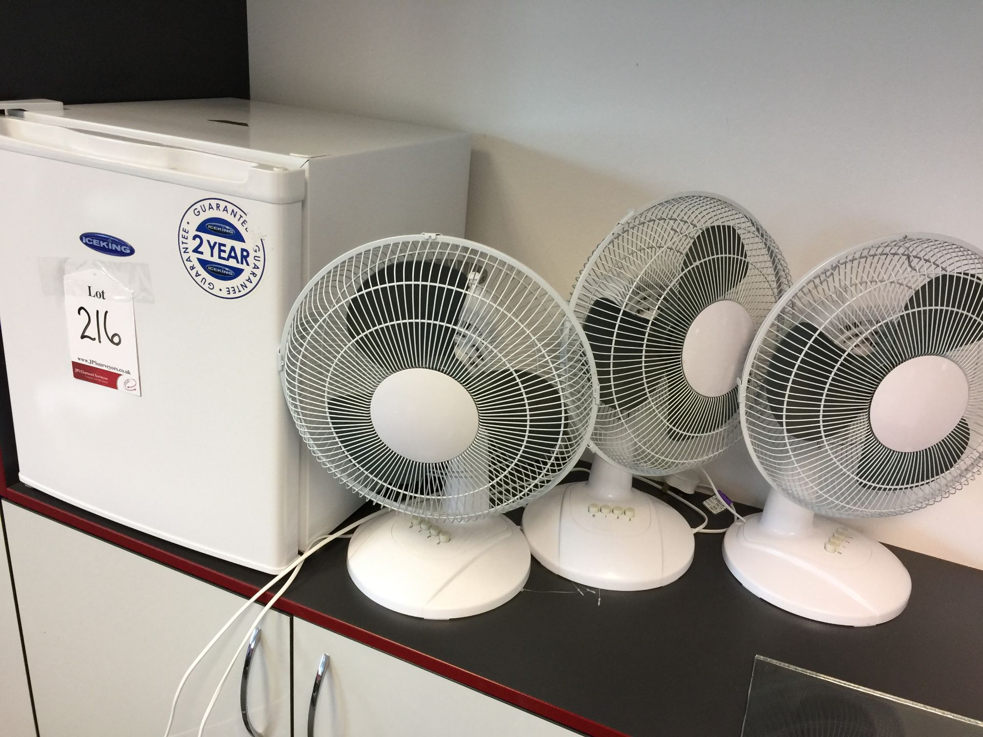IceKing table top fridge and 4 fans