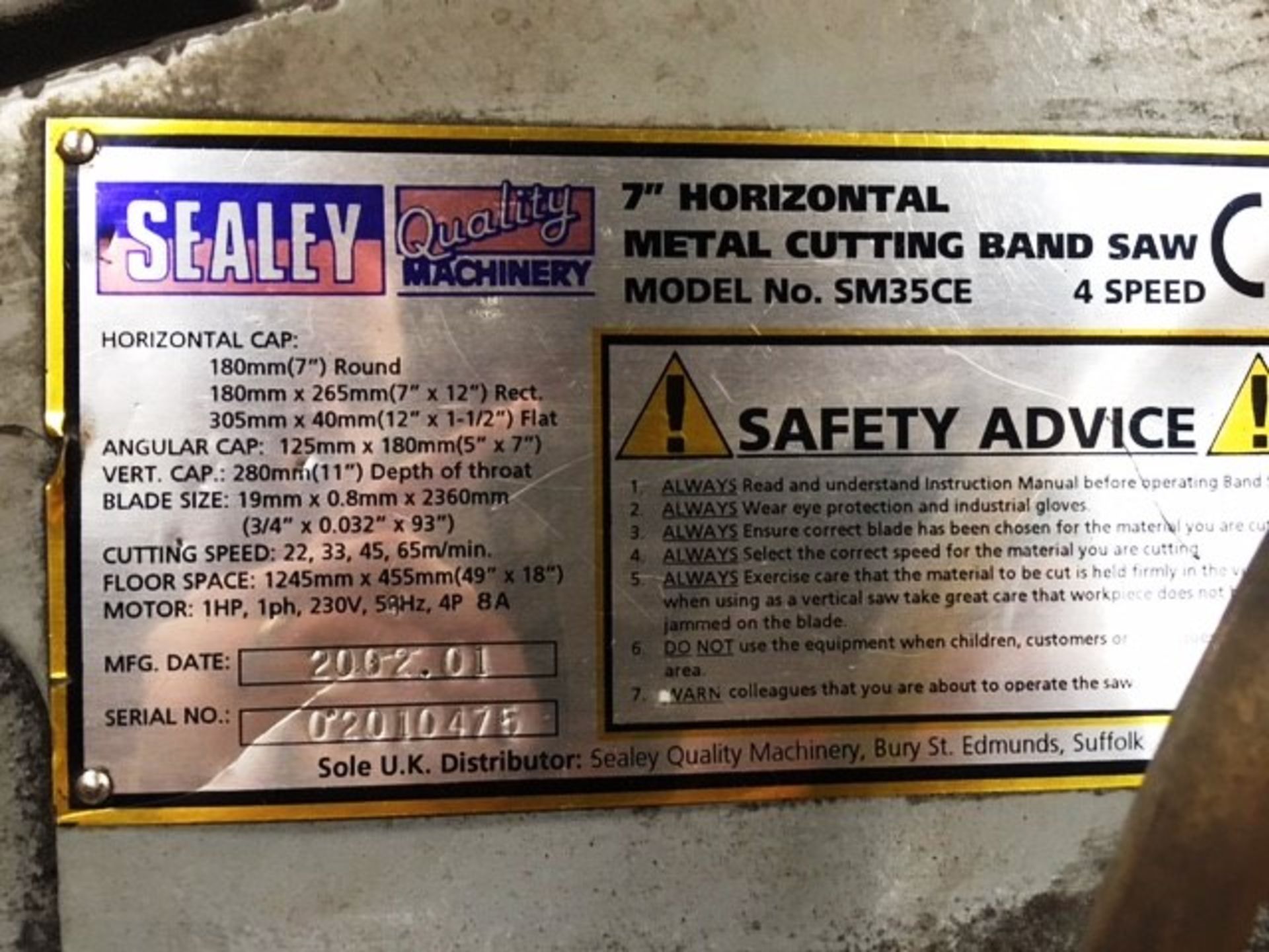 Sealey SM35CE 7"Horizontal Metal Cutting Band Saw - Image 2 of 4