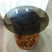 Carved Effect Native Scene Round Table with Glass Top