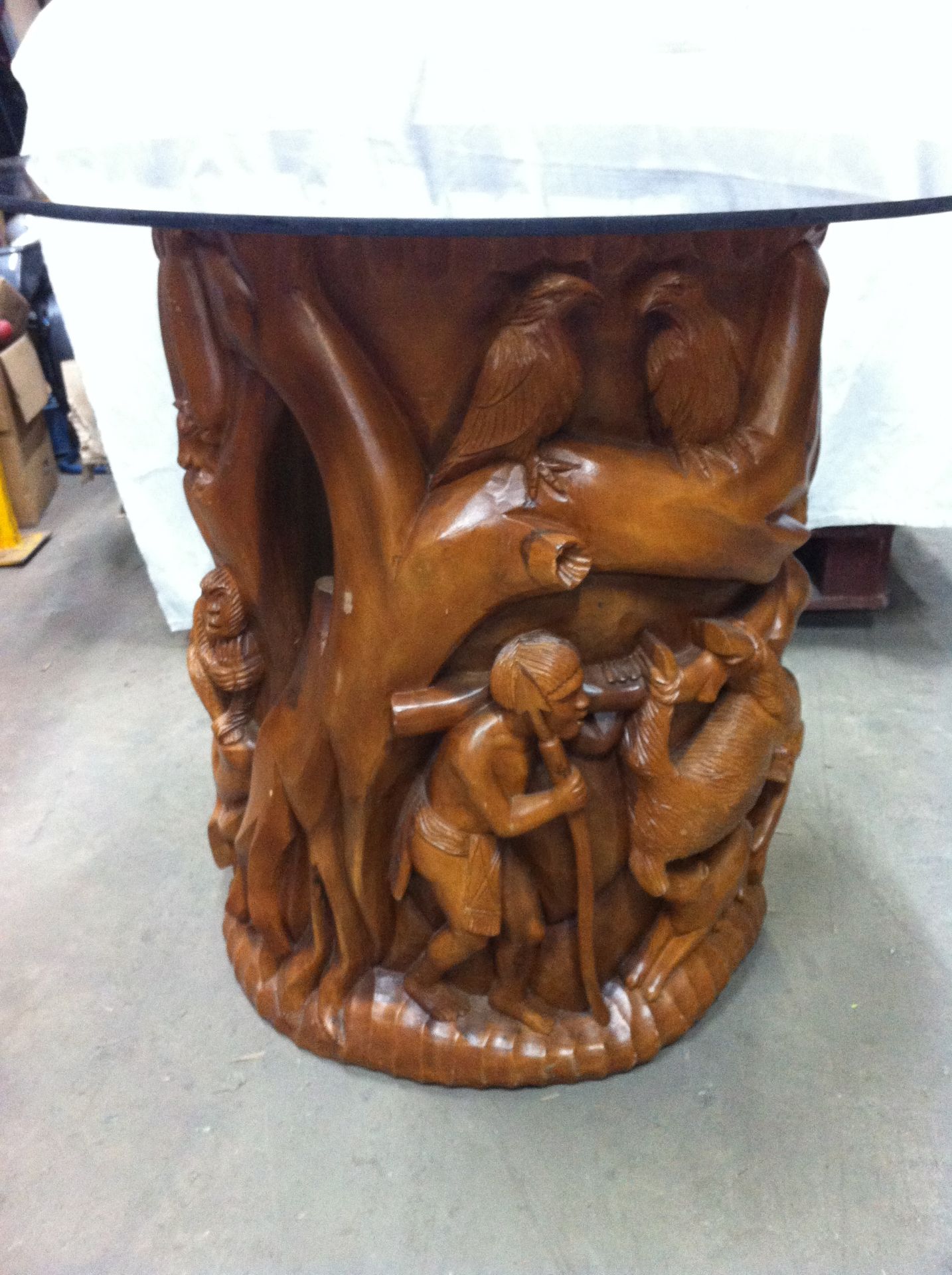 Carved Effect Native Scene Round Table with Glass Top - Image 4 of 4