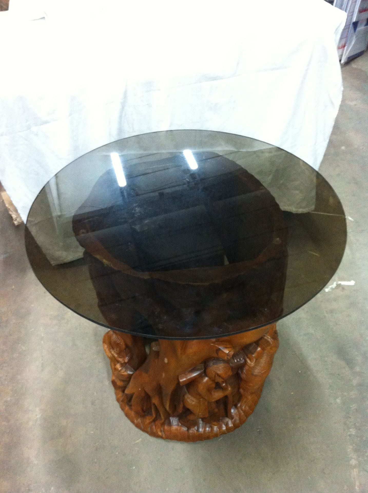 Carved Effect Native Scene Round Table with Glass Top - Image 2 of 4