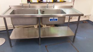 Stainless steel deep double bowl sink 180 x 65 x 86 cm with drainer, splashback and undershelf