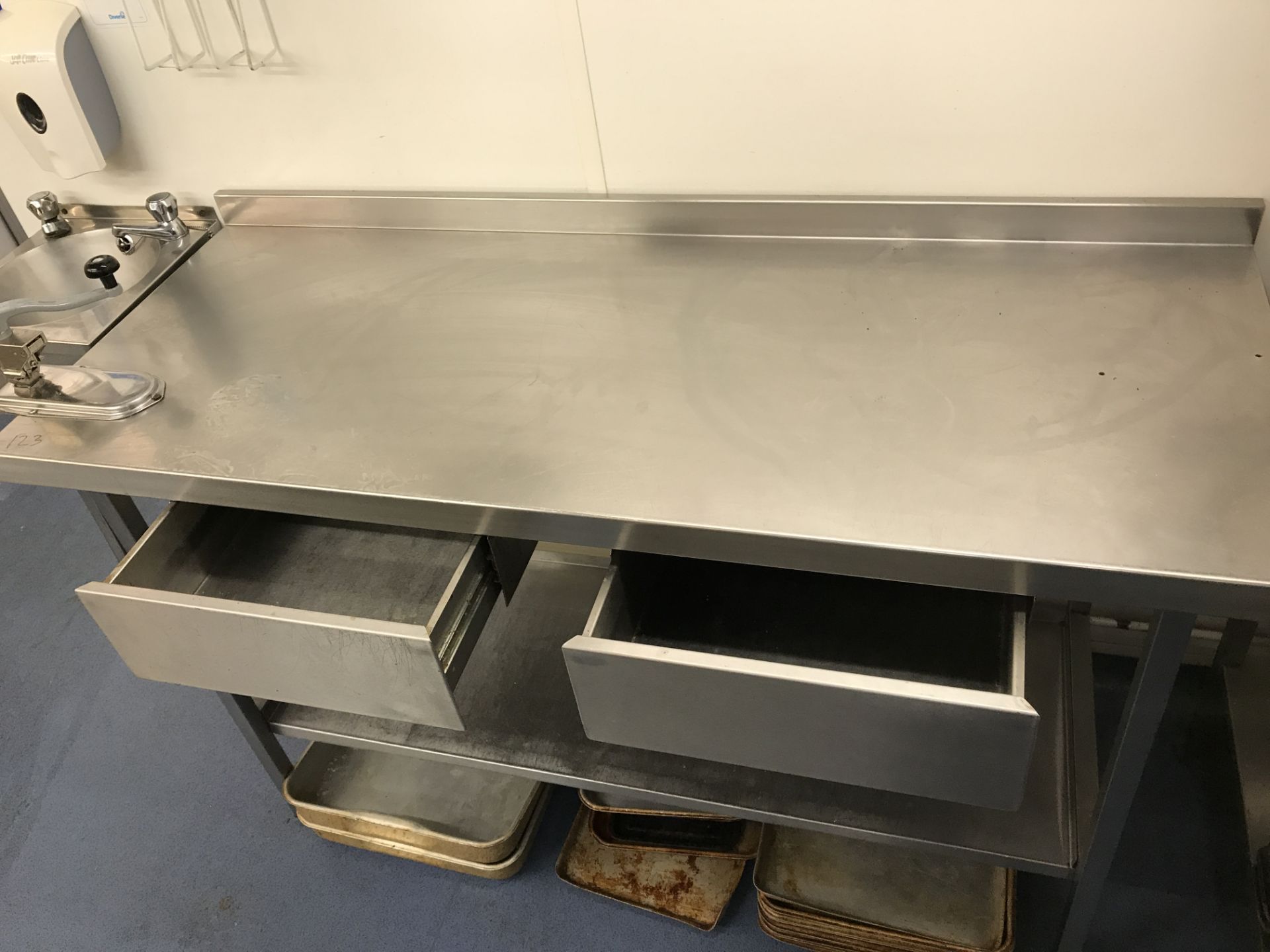 Stainless steel food preparation table 150 x 60 x 90 cm with Vogue HD can openenr, backsplash and un - Image 2 of 2
