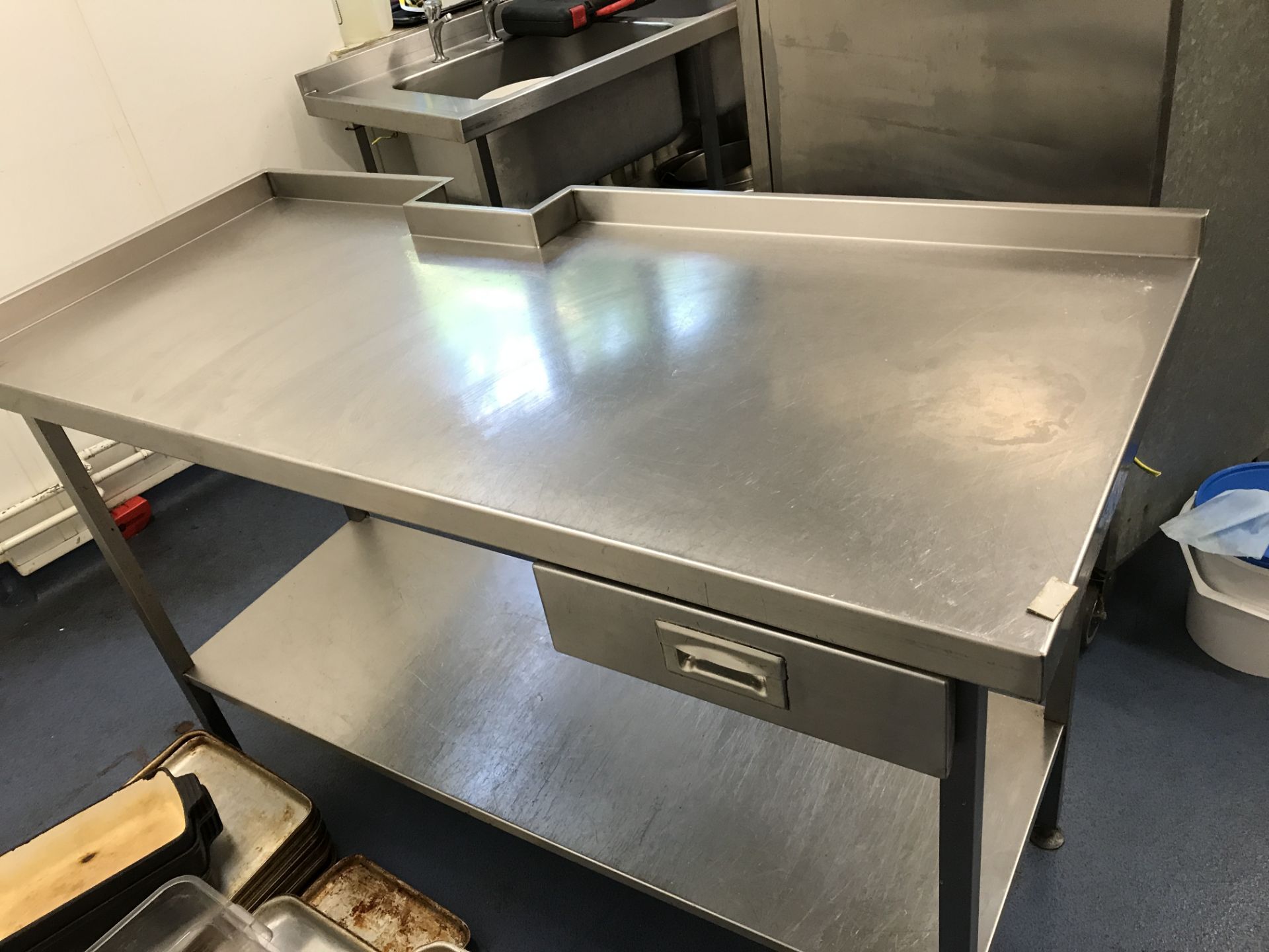 Stainless steel foor preparation table 150 x 65 x 86 cm with drawer, backsplash and undershelf