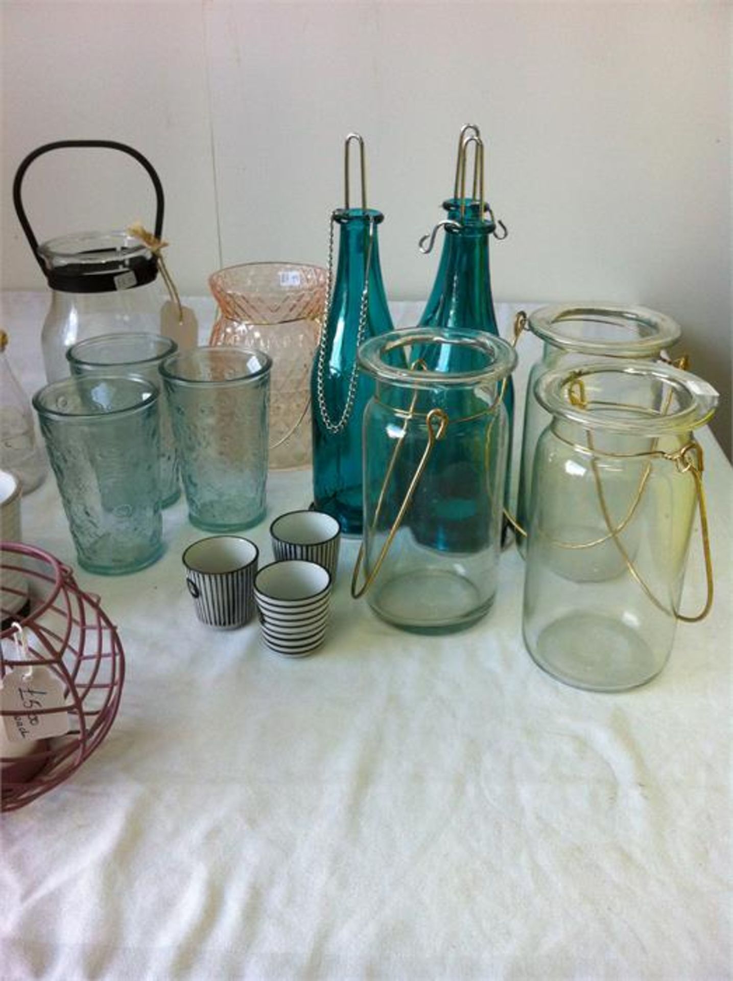 Approximately 35 glass/cage/bottle style tealight/candle holders, Large glass cake dome, 4 x glass c - Image 4 of 8