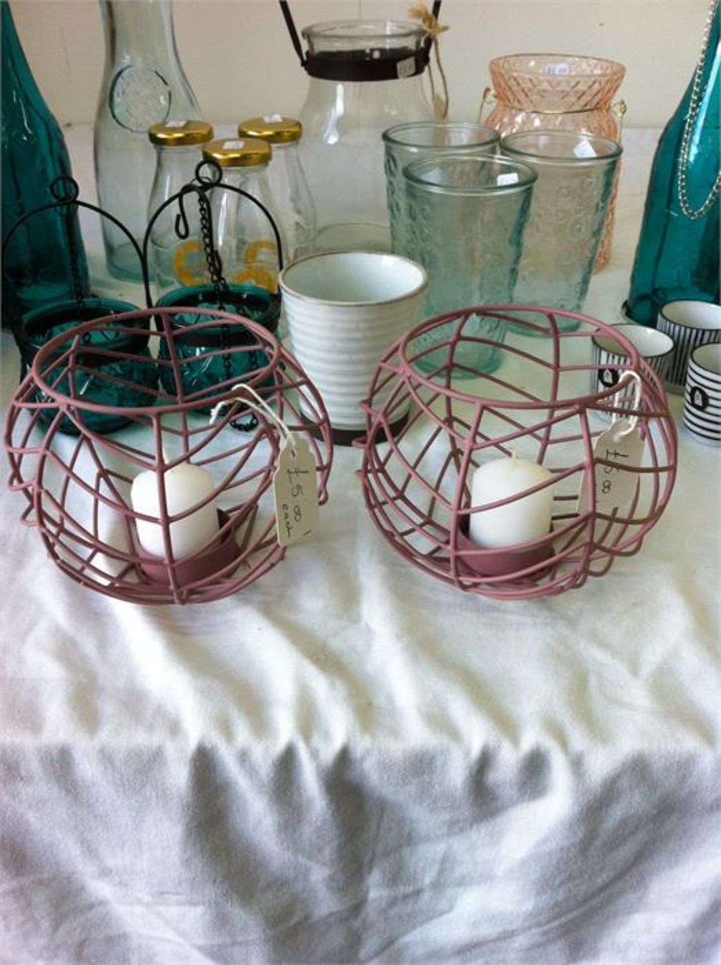 Approximately 35 glass/cage/bottle style tealight/candle holders, Large glass cake dome, 4 x glass c - Image 3 of 8