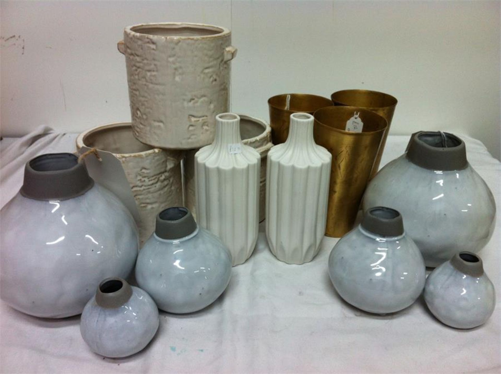 3 Bronze vases, 2 x ceramic fluted vases, 2 x sets of 3 grey vases, 3 x planters, 4 x jugs, 9 x past