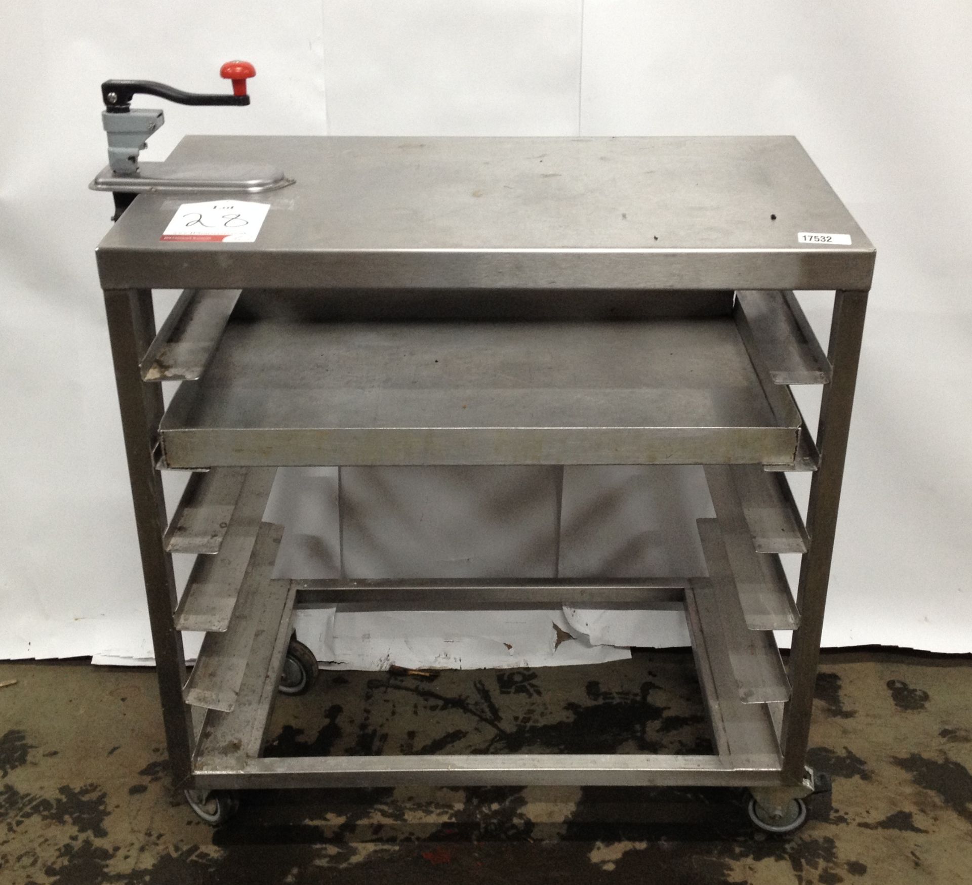 Stainless steel food preparation table with can opener attachment and underneath shelf