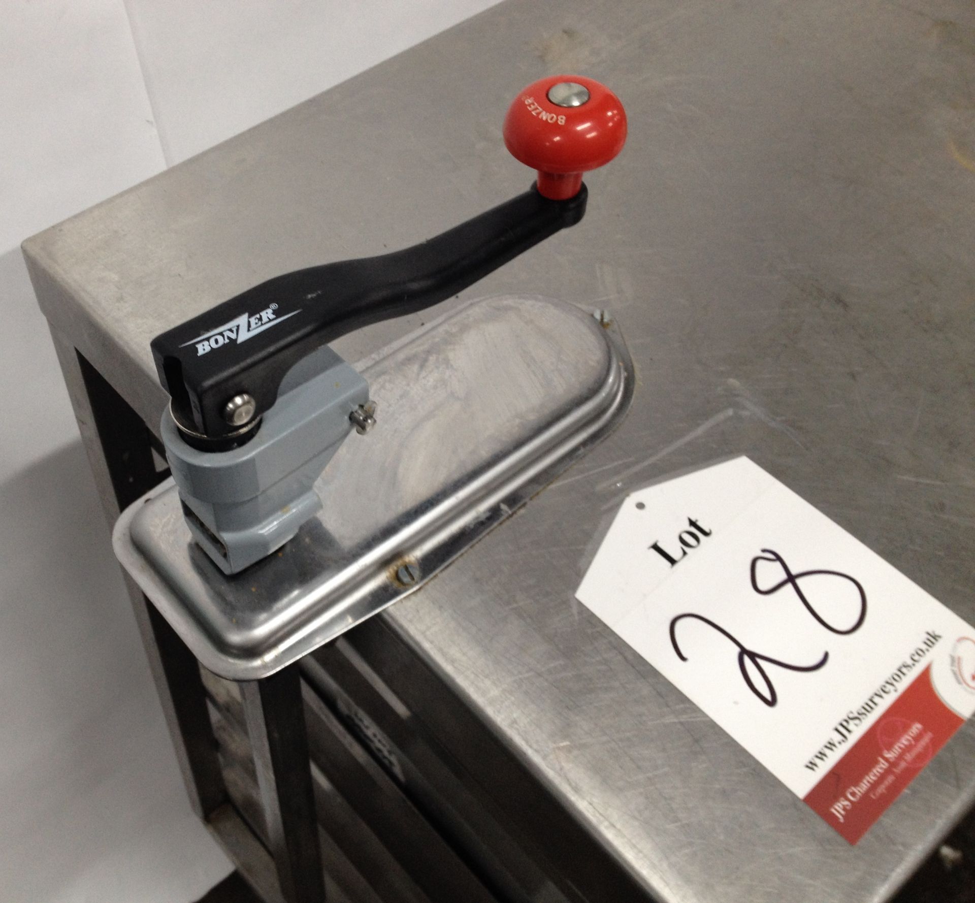 Stainless steel food preparation table with can opener attachment and underneath shelf - Image 3 of 4