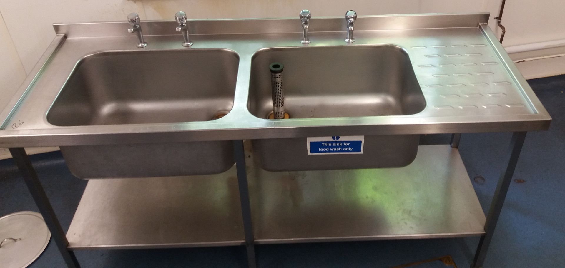 Stainless steel deep double bowl sink with splashback and undershelf