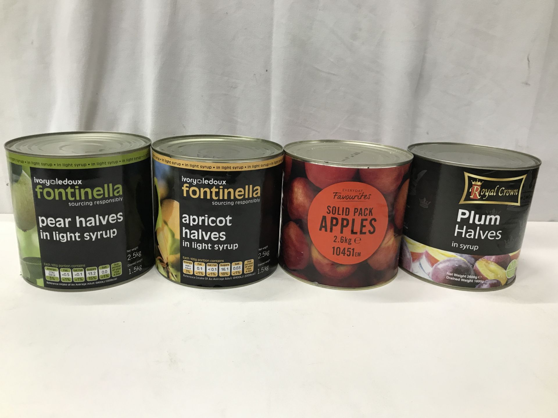 18 x 2.6kg tinned apples; 24 x 200g tinned plumbs in syrup; 10 x 2.5kg tins pear halfs; 2 x 2.5kg ti