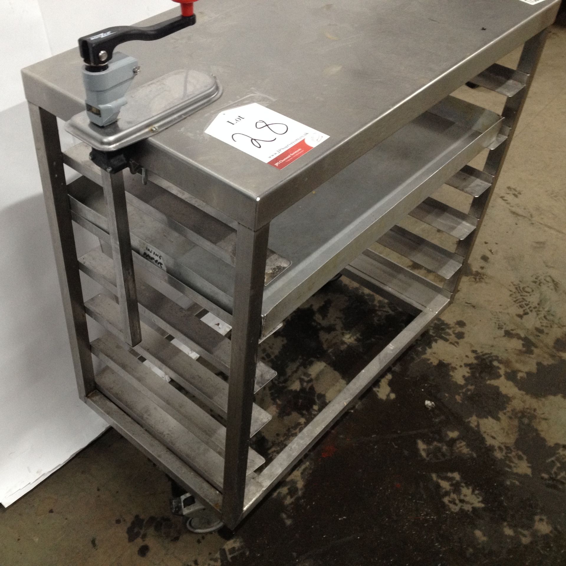 Stainless steel food preparation table with can opener attachment and underneath shelf - Image 4 of 4