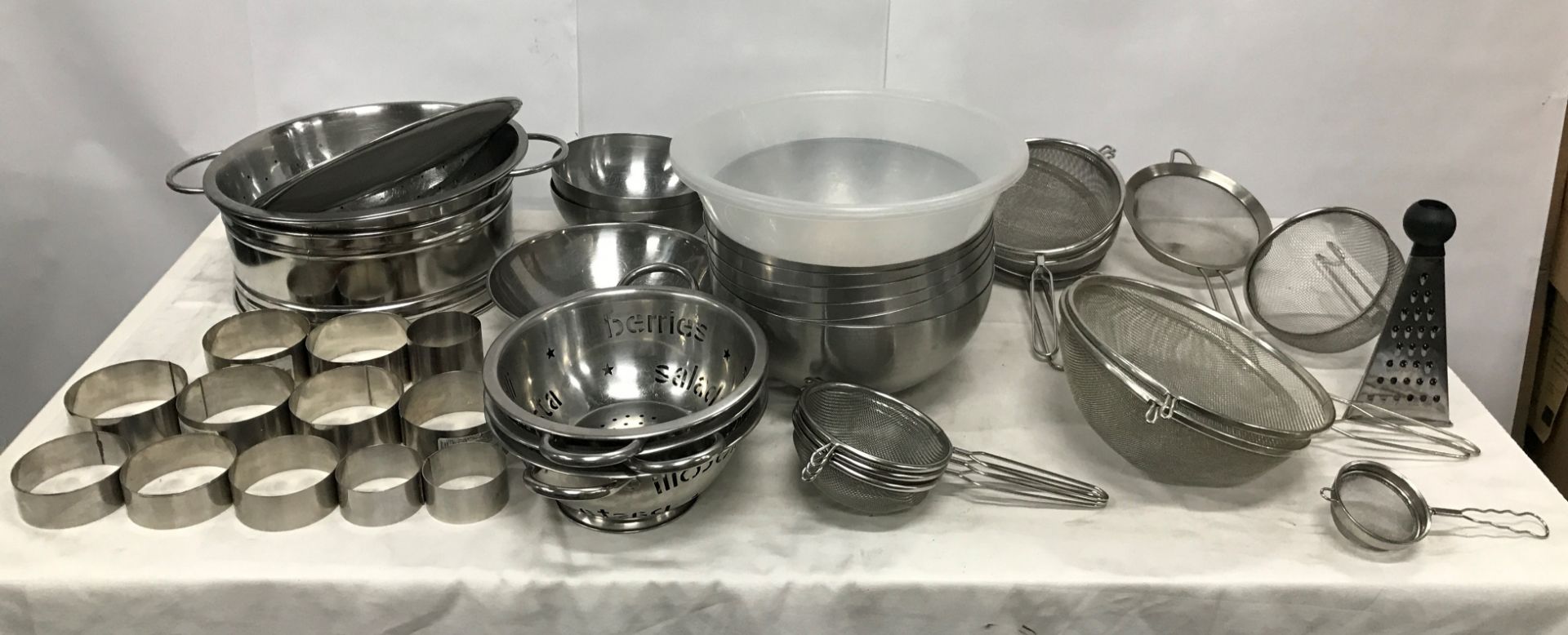 Ikea catering gear, sieves, colanders, cheese grater, mixing bowls, stainless steel cake bowls and c