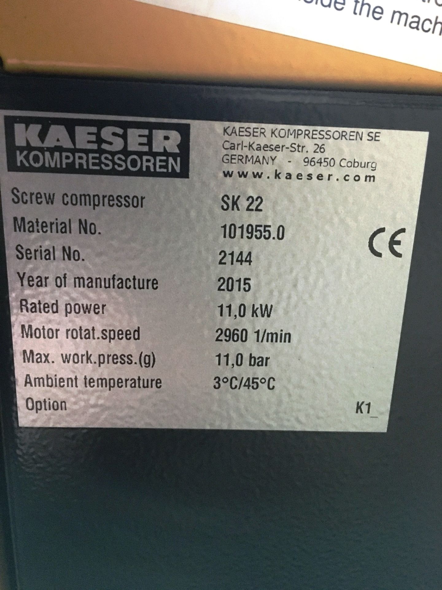 Kaeser SK22 HPC Rotary Screw Compressor w/ Air Dryer/Oil & Water Separator & Air Receiving Tank - Pl - Image 3 of 14