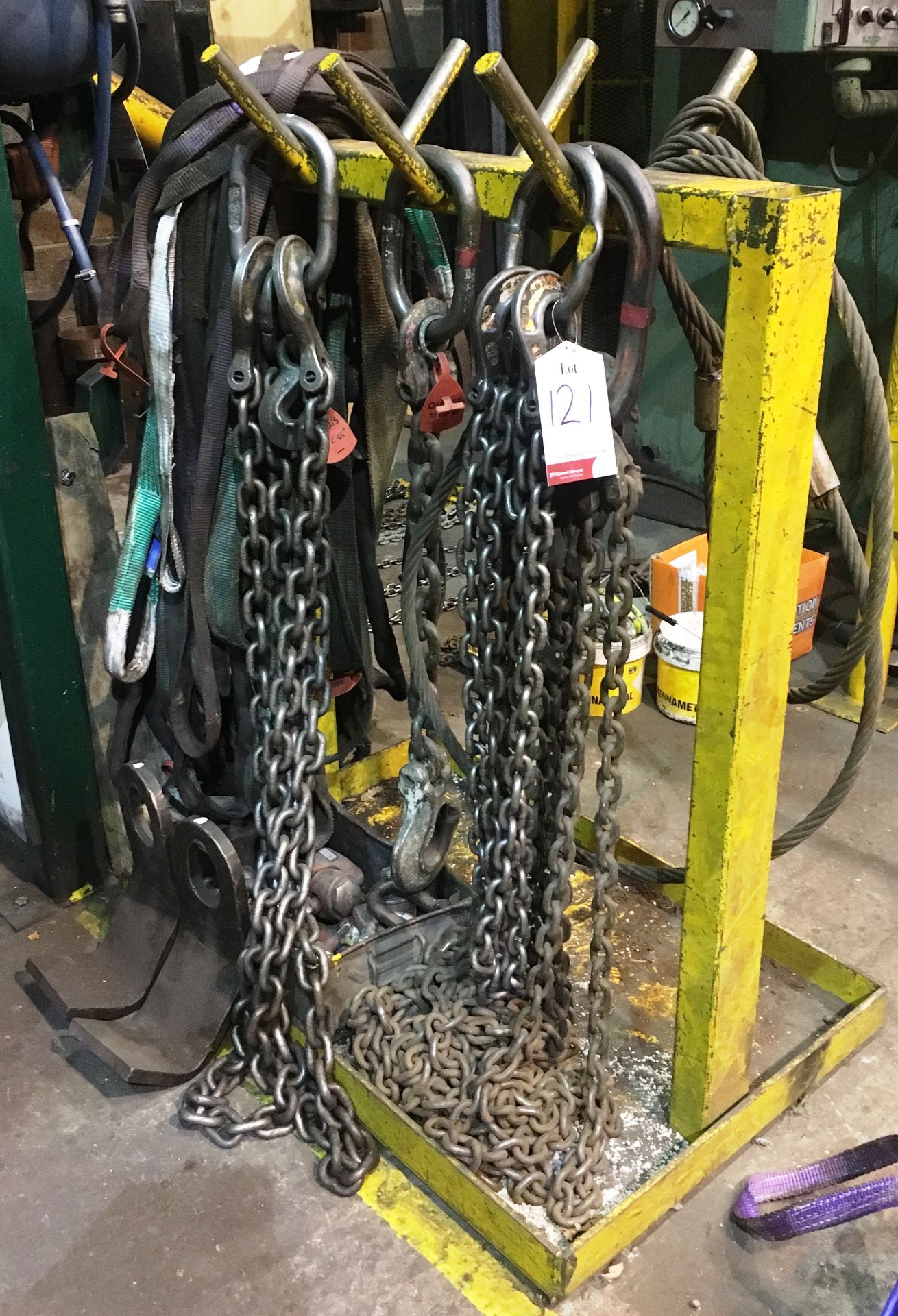 4 x Chainslings w/ Various Eye Bolts, Lifting Clamps, Lifting Straps & 6 Hook Storage Rack