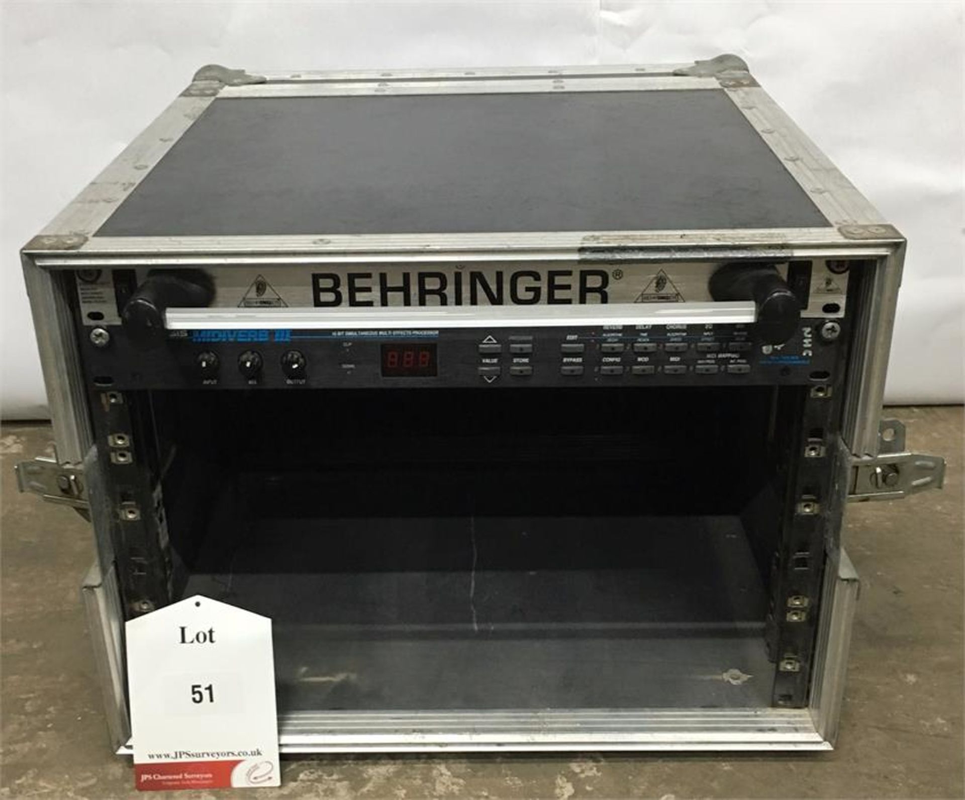 Behringer Racklight with Output Distribution and Alesis Midiverb 3 multi effects processor in case.