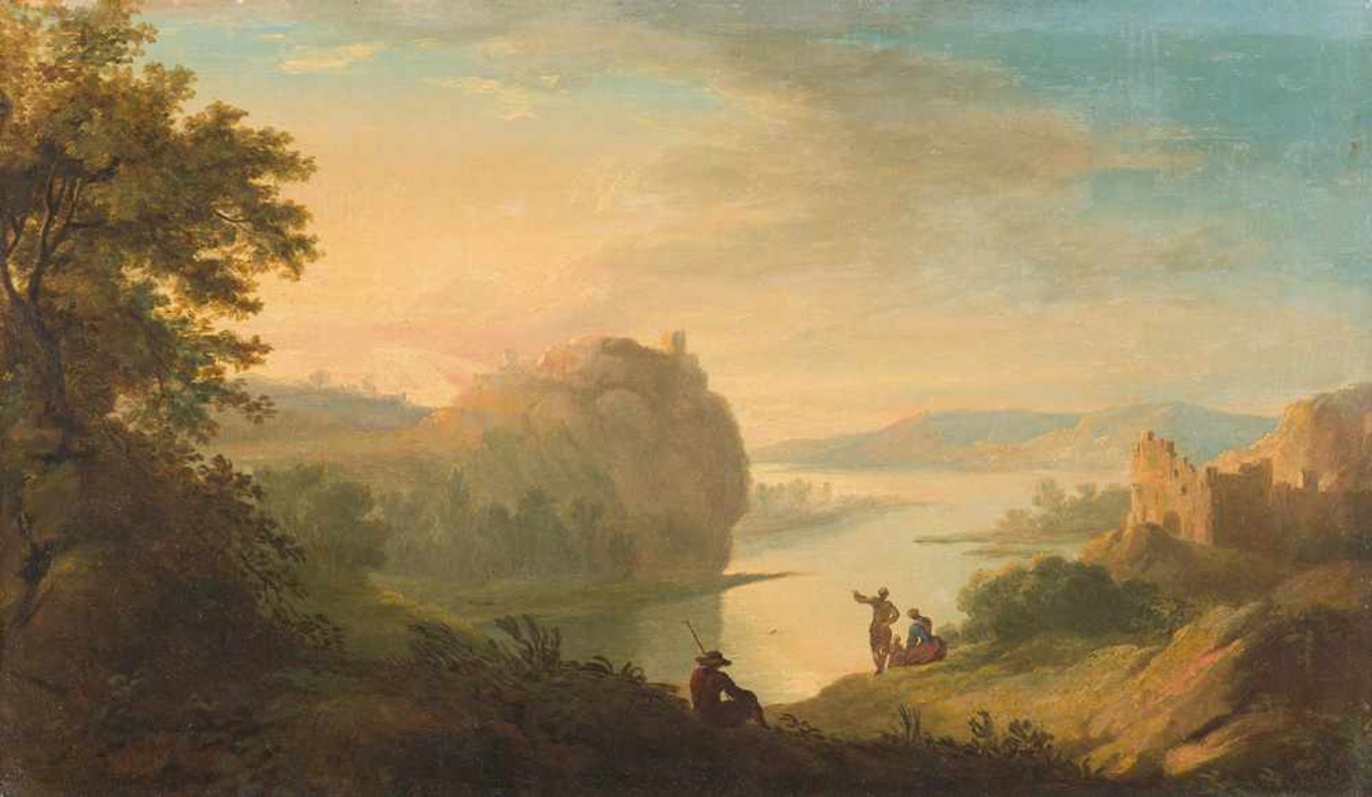 Adolf Friedrich Harper (zugeschrieben) Weite Flusslandschaft im Abendlicht Öl auf Leinwand,