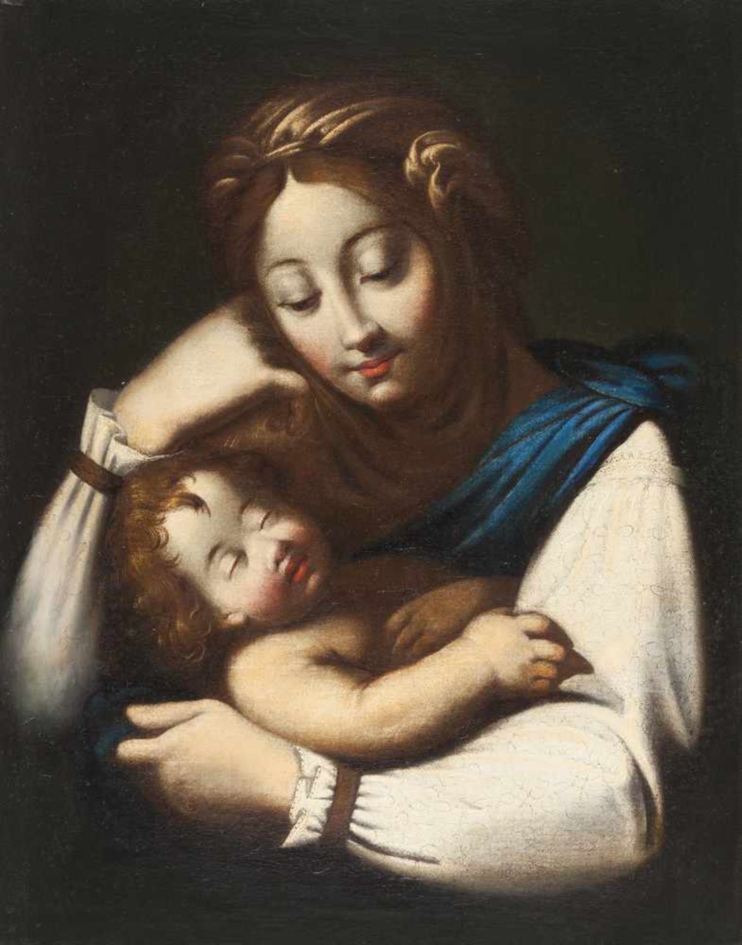 Norditalienisch Madonna mit Kind Öl auf Leinwand. (1. Hälfte 17. Jh.). 61,5 x 48,3 cm.