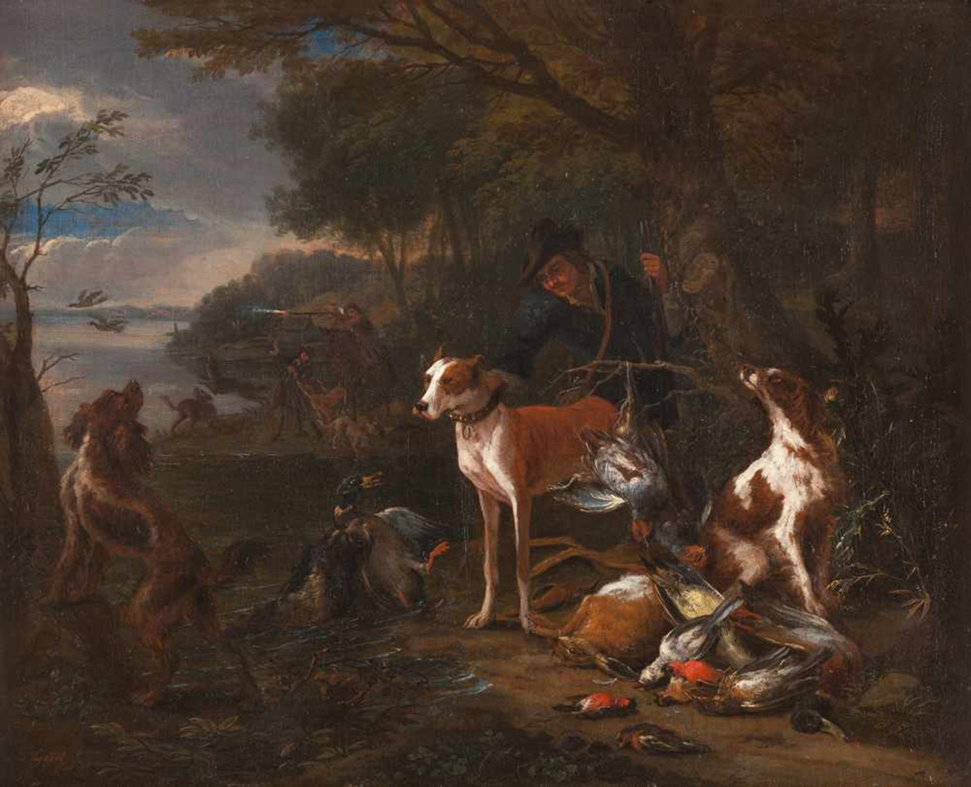 Adriaen de Gryeff Bei der Jagd Öl auf Leinwand, doubliert. 48 x 59,5 cm. Signiert unten links.