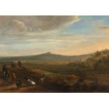Hendrick Verschuring I Weite Landschaft mit Schäfern im Abendlicht Öl auf Holz. 33,5 x 46,5 cm.