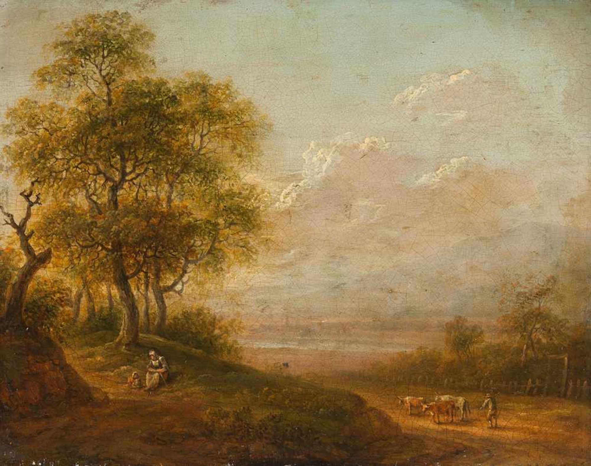 Christian Georg Schütz II Landschaft mit Hirten und kleiner Kuhherde Öl auf Metallplatte. 14,7 x