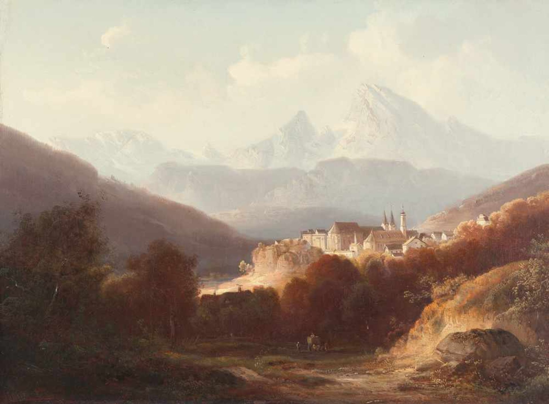 Ferdinand Feldhütter Berchtesgaden mit dem Watzmann Öl auf Leinwand. 42,5 x 58 cm. Signiert unten