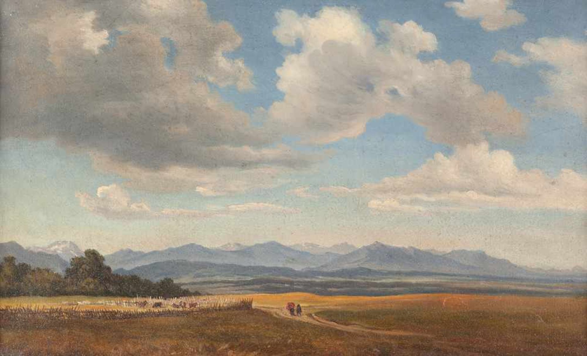 Süddeutsch Voralpenlandschaft Öl auf Karton. (Um 1850/60). 25,8 x 42,7 cm.Provenienz:Privatbesitz,