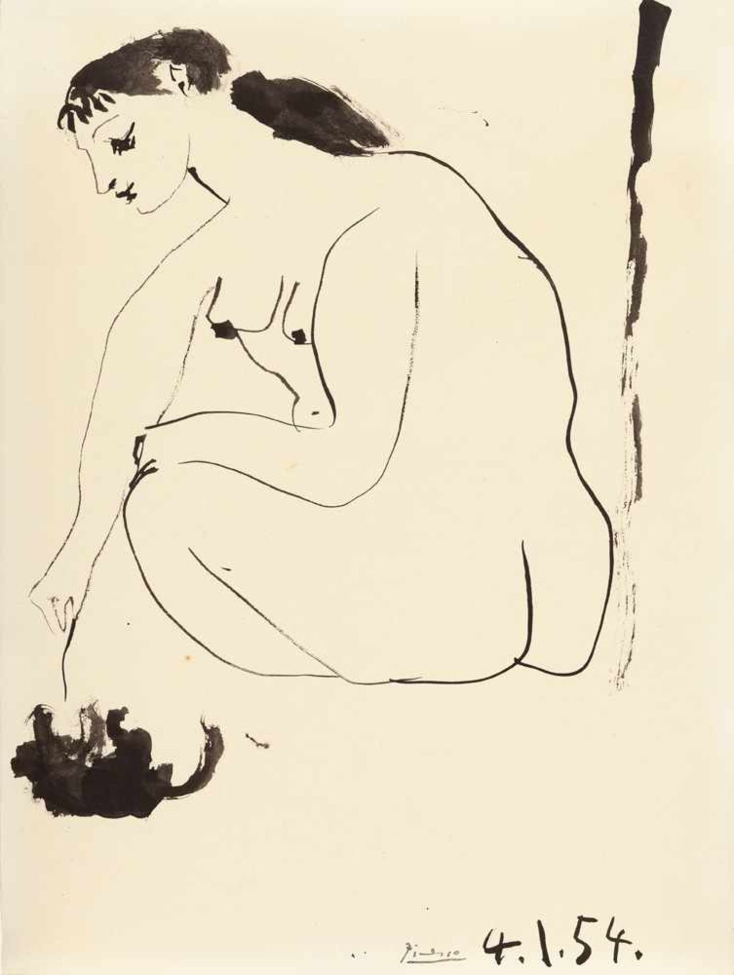 Pablo Picasso Femme et chat Tuschpinsel auf Velin. (19)54. Ca. 31,5 x 24 cm. Signiert und datiert „