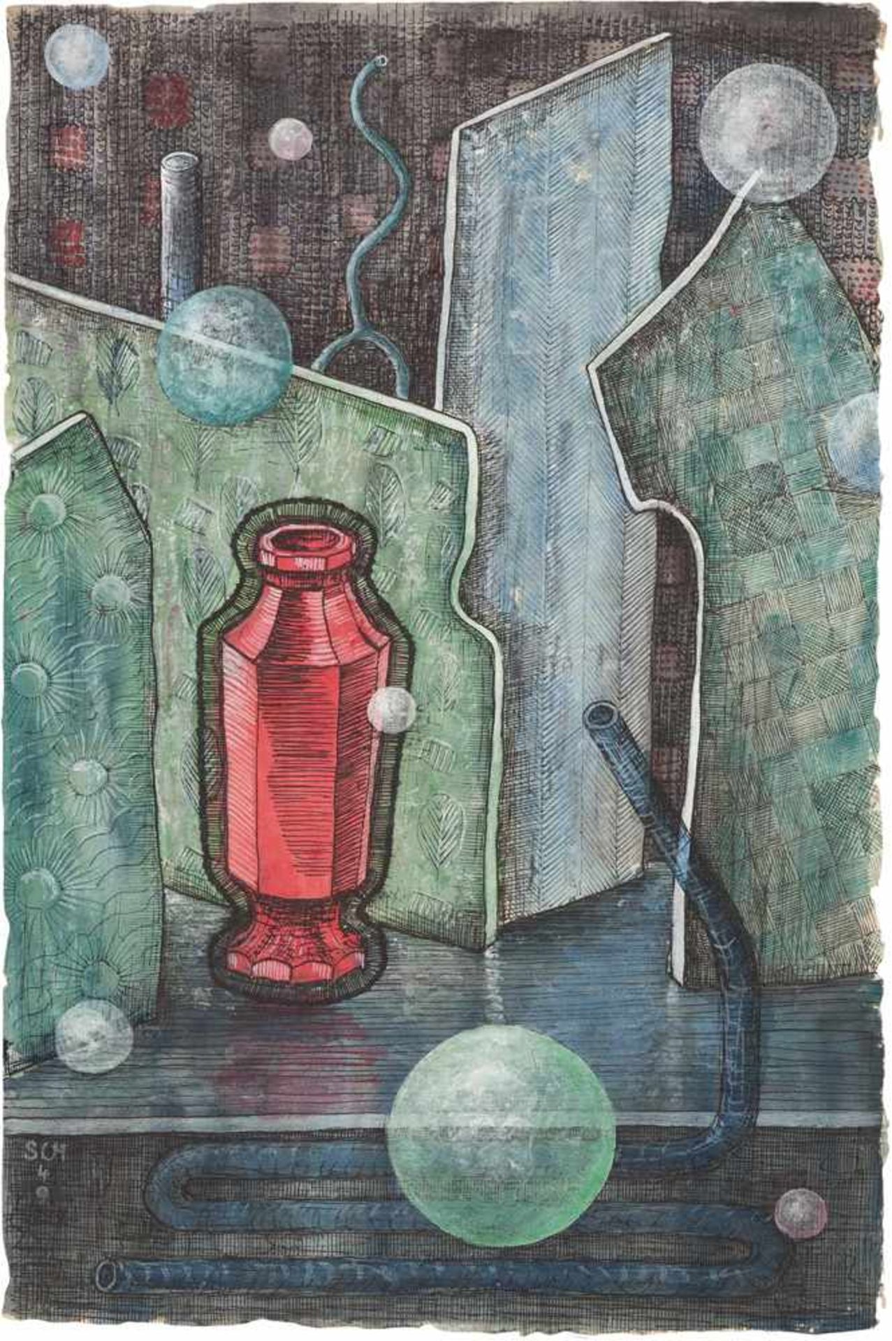 Hermann Schütte Rote Flasche Feder, Aquarell und Tempera auf dünnem Japan. (19)49. Ca. 46,5 x 31 cm.