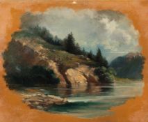 Franz Steinfeld - Am Ufer eines Alpensees Öl auf Pappe. 1859. 25 x 31 cm. Signiert unten links,