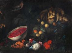 Adeodato Zuccati (zugeschrieben) - Stillleben mit Blumen, Erdbeeren und Vögeln Öl auf Leinwand,