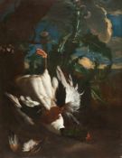 Franz Werner von Tamm (Umkreis) - Jagdstilleben mit erlegter Ente, im Hintergrund eine Distel Öl auf