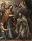 Deutsch - Christus spendet einem Ordensheiligen die Kommunion Öl auf Kupfer. (17. Jh.). 26 x 20