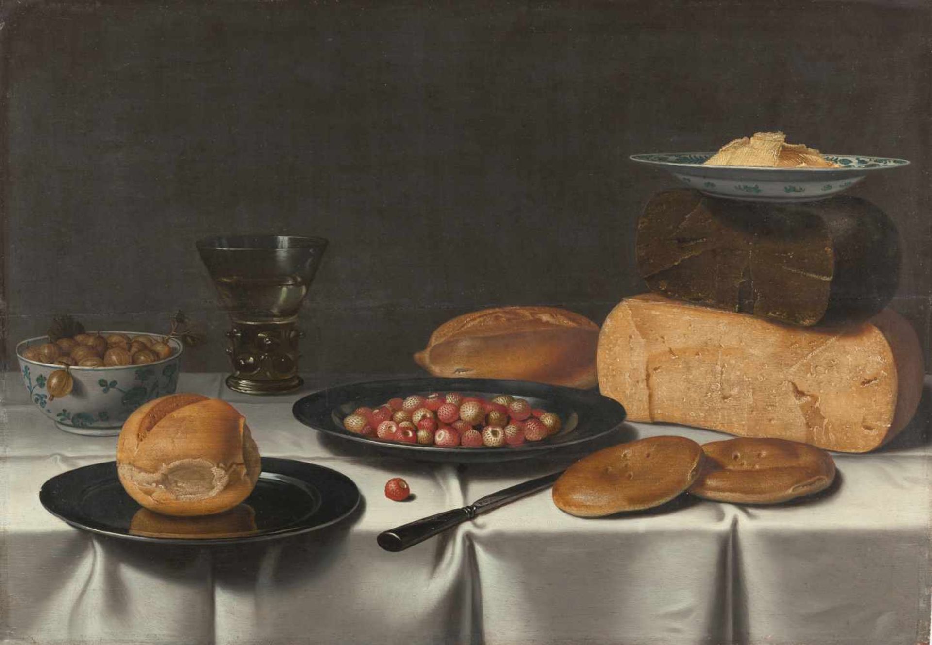 Floris van Schooten - Banketje mit Beeren, Brot und Wein Öl auf Holz. (Um 1625). 43,5 x 62,7 cm.