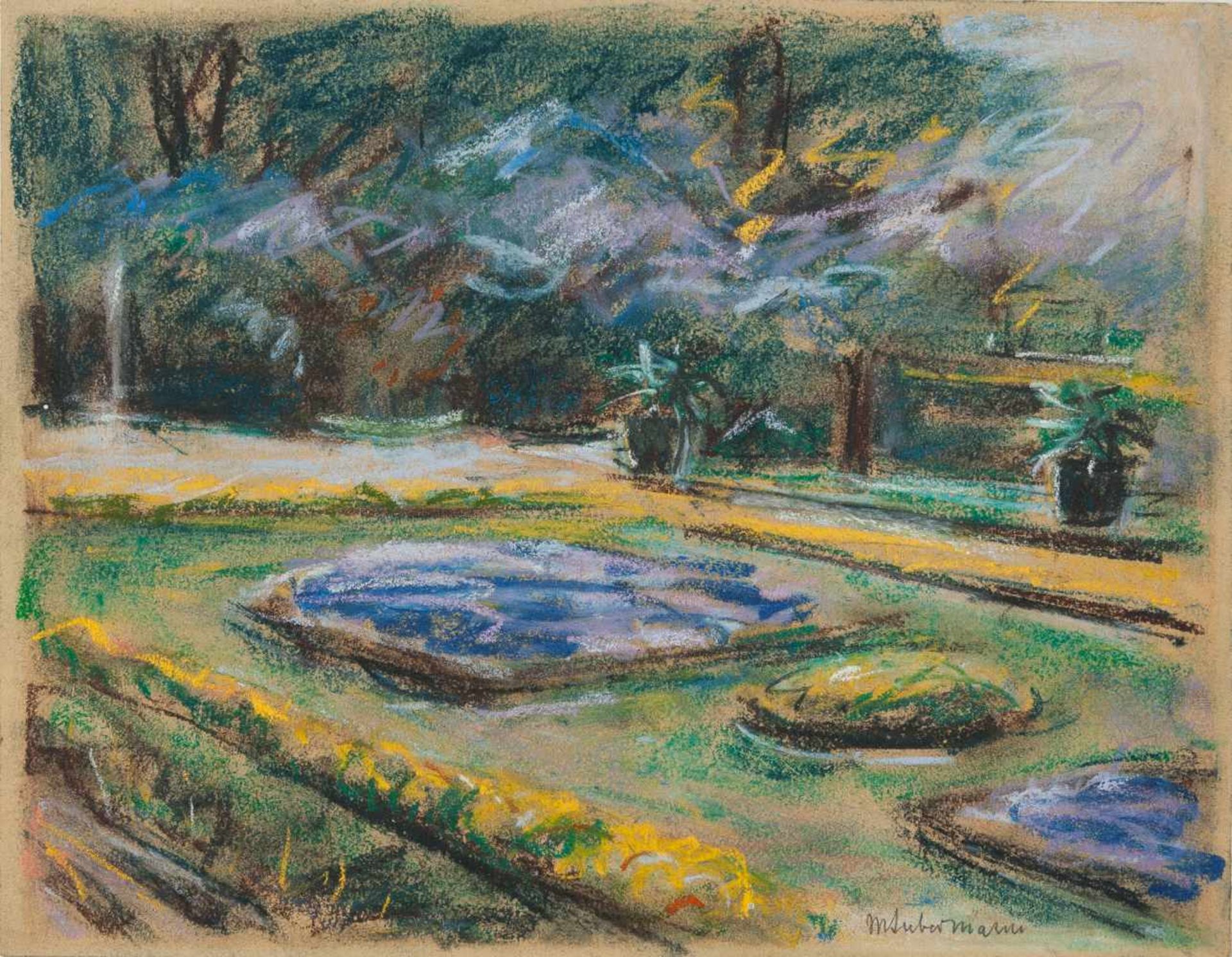 MAX LIEBERMANN - Die Blumenterrasse im Wannseegarten nach Nordosten Pastell auf bräunlichem