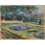 MAX LIEBERMANN - Die Blumenterrasse im Wannseegarten nach Nordosten Pastell auf bräunlichem