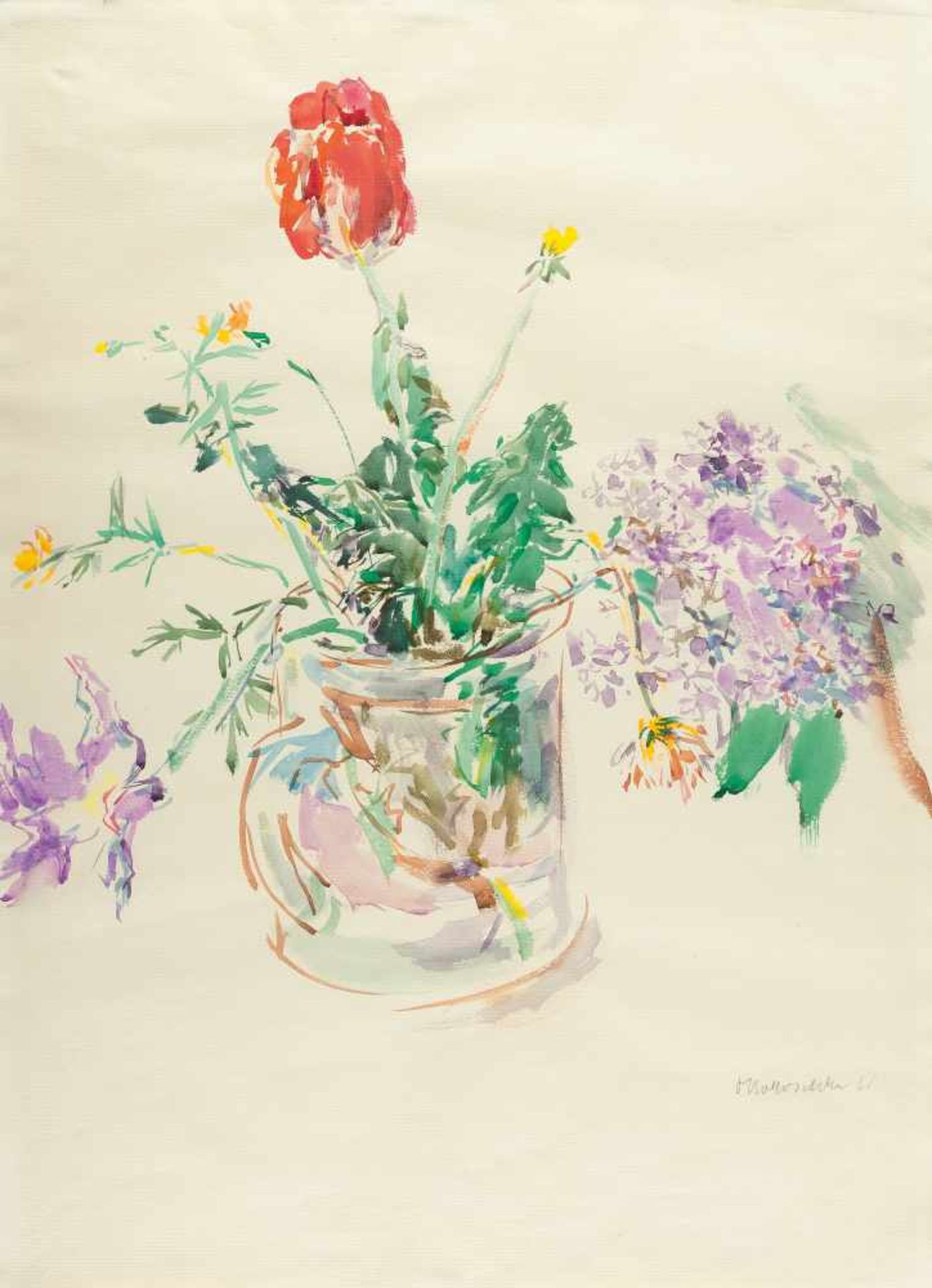 OSKAR KOKOSCHKA - Blumenstillleben mit Tulpe Aquarell auf Velin von „PMFabriano“. (19)61. Ca. 66 x
