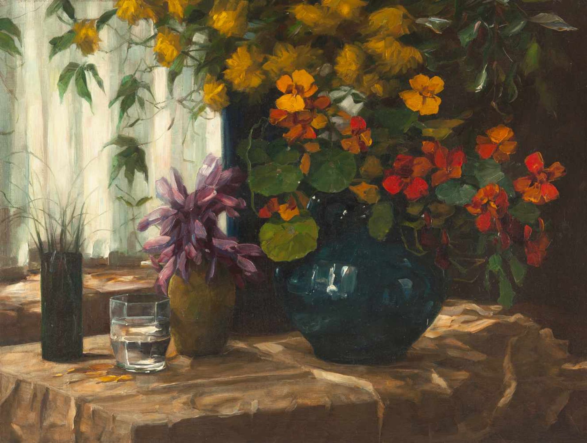 ALEXANDER KOESTER - Blumenstillleben (Kapuziner mit blauer Vase und Herbstzeitlosen) Öl auf